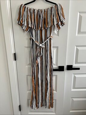 Urban Outfitters Off-Shoulder Striped Maxi Dress in White, Black & Mustard
